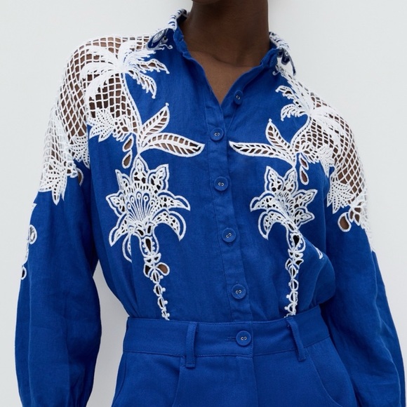 FARM Rio Tops - $350 FARM RIO Elegant Blue Embroidered Linen Shirt Medium New with tags